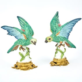 Pair of Samson Porcelain Gilt Metal-Mounted Models of Parrots Late 19th century, blue crossed lines