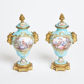 Pair of Sevres Style Porcelain and Staffordshire Enamel Gilt-Bronze Mounted Blue Vases and Covers