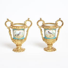 Pair of Sevres Style Porcelain Gilt-Bronze Mounted Two-Handled Turquoise-Ground Vases Late 19th/20th