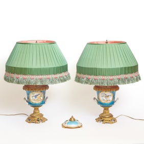 Pair of Sevres Style Porcelain Gilt-Bronze Mounted Turquoise Vases as Lamps and Similar Inkwell
