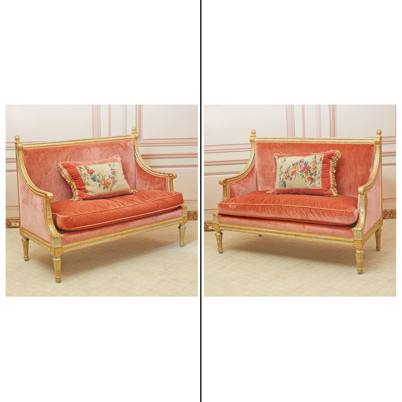 Pair of Louis XVI Painted and Parcel Giltwood Settees: Estate / Collection: Property of a Fifth Avenue Philanthropist Eahc with a leaf tip and guilloche carved frame, the straight back with finials, all raised on turned stop fluted legs. Height of back 38