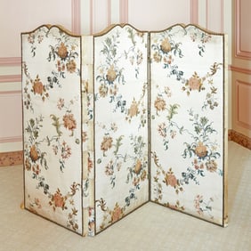 Brocade and Nailhead Three-Fold Screen