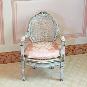 Louis XVI Style Caned and Upholstered Painted Wood Miniature Fauteuil
