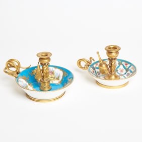 Two Sevres Style Porcelain Turquoise-Ground Saucers Mounted as Gilt-Bronze Chambersticks