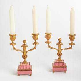 Pair of Louis XVI Style Gilt Bronze and Pink Marble Candelabra