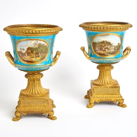 Pair of Sevres Style Porcelain Gilt-Bronze Mounted Turquoise-Ground Krater Vases and Covers 19th