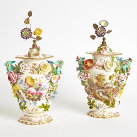 Pair of English Porcelain Flower-Encrusted Vine-Handled Vases and Covers Circa 1830, attributed to