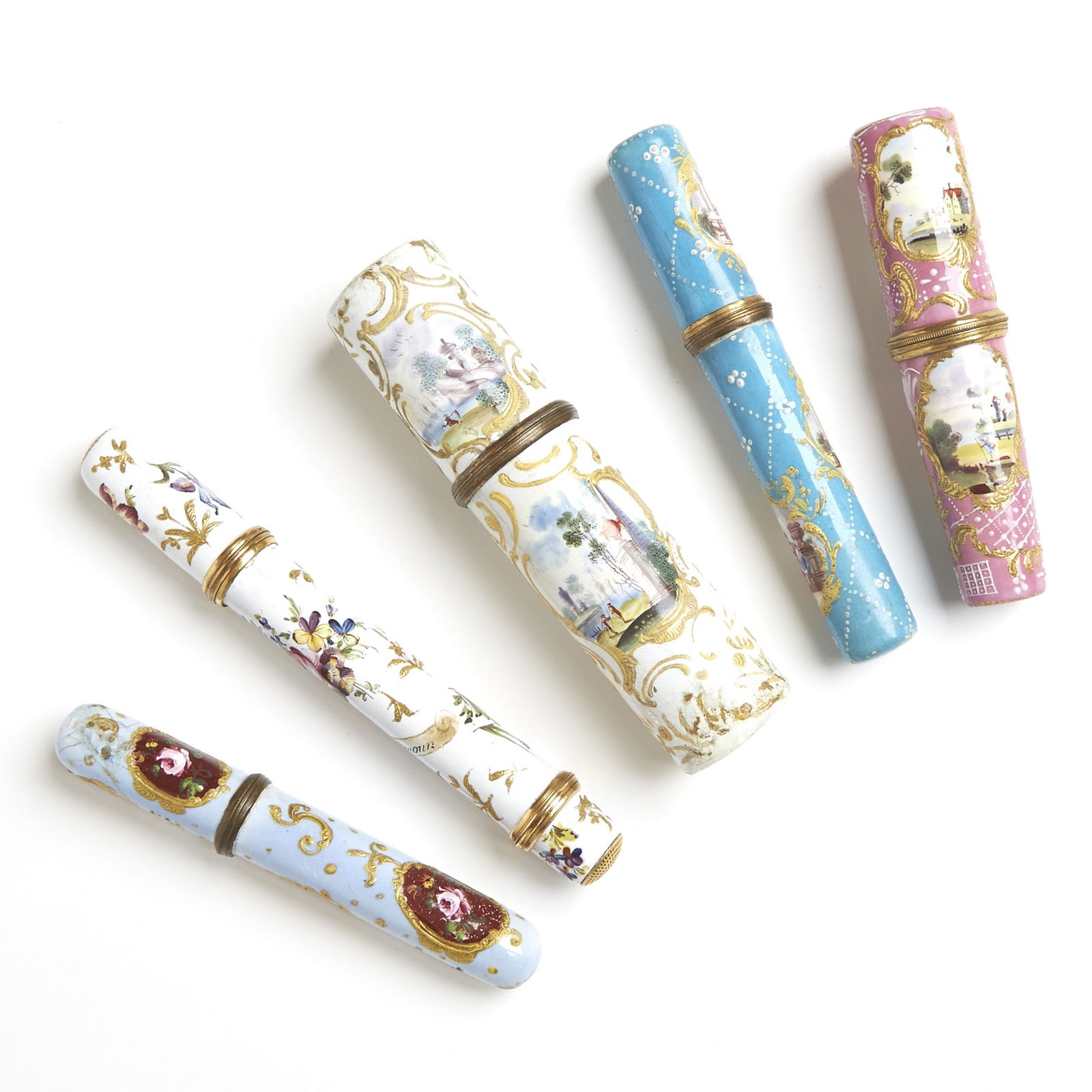 Five Enamel Pin Cases: Estate / Collection: Property of a Fifth Avenue Philanthropist Each cylindrical. Height of largest 5 1/4 inches (13.5 cm).