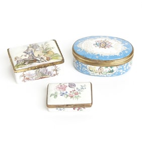 Three Continental Enamel Erotic Snuff Boxes Late 18th century
