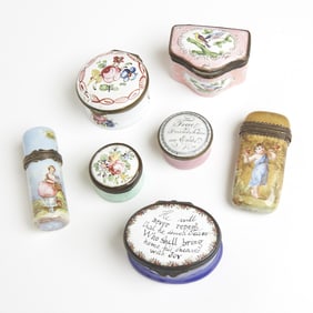 Group of Seven Continental Enamel Patch Boxes and Scent Flasks Late 18th/early 19th century