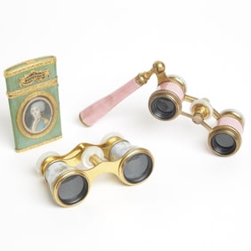 French Portrait Aide Memoire and Two Pairs of Enamel Opera Glasses 19th Century