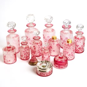 Group of Etched Ruby Glass Dresser Bottles