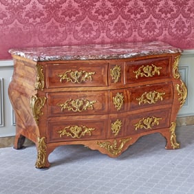 Louis XV Gilt Bronze Mounted Marble Top Walnut BombÃ© Commode Roger Vandercruse LaCroix,