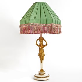 Louis XVI Style Gilt Bronze and Marble Figural Candlestick Lamp