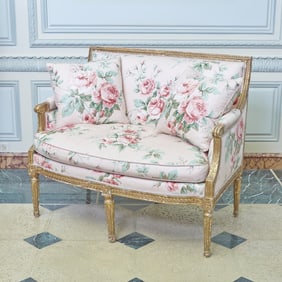 Louis XVI Floral Chintz Upholstered Giltwood Settee