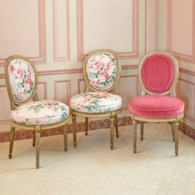 Pair of Louis XVI Floral Chintz Upholstered Painted and Parcel Giltwood Side Chairs