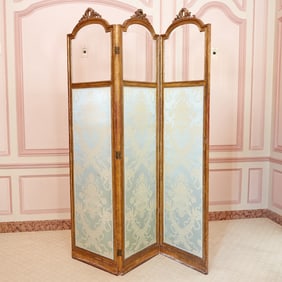Louis XVI Style Glass, Silk Damask and Giltwood Three-Fold Screen