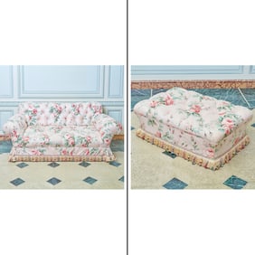 Tufted Floral Upholstered Settee and Ottoman Late 20th century