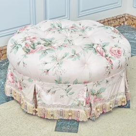 Tufted Chintz Upholstered Round Ottoman 20th Century