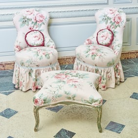 Pair of Louis XV Style Button-Back Floral Upholstered Side Chairs 20th Century
