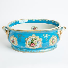 Limoges Style Ceramic Turquoise-Ground Two-Handled Foot Bath 20th century, gilt Imperial crowned