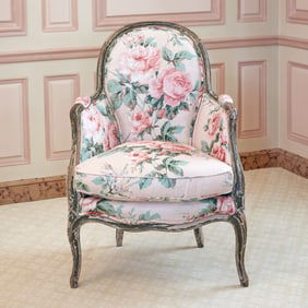 Louis XV Style Floral Chintz Upholstered Painted Wood Small Bergere