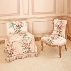 Louis XV Style Floral Chintz Upholstered Carved Wood Slipper Chair 20th Century