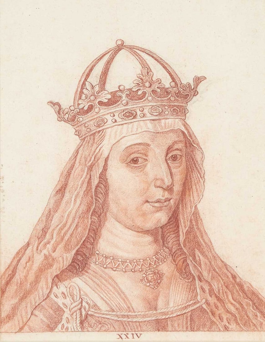European School: Estate / Collection: Property of a Fifth Avenue Philanthropist 18th/19th Century Bust Portrait of a Medieval Queen Inscribed XXIV in the lower register Red chalk on paper Sight 8 3/8 x 6 5/8 inches (2