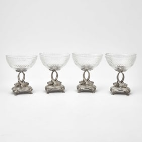 Set of Four Continental Silver and Cut Glass Bowls