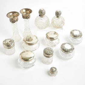 Group of American and English Sterling Silver Mounted Glass Dresser Articles