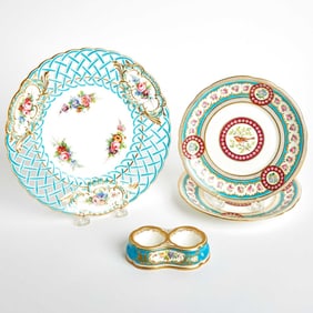 Four Minton Porcelain Turquoise Decorated Table Articles