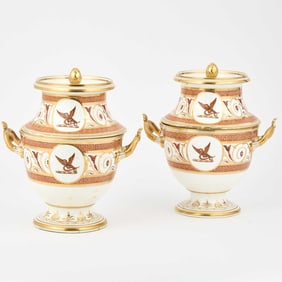 Pair of Coalport Porcelain Armorial Salmon-Ground Two-Handled Fruit Coolers and Covers