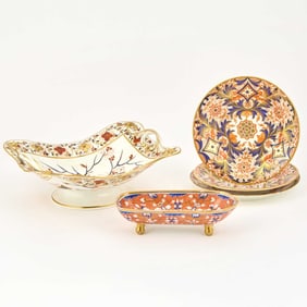 Three Derby Porcelain Imari Plates, a Derby Two-Handled Bowl and a Boat-Shaped Serving Dish