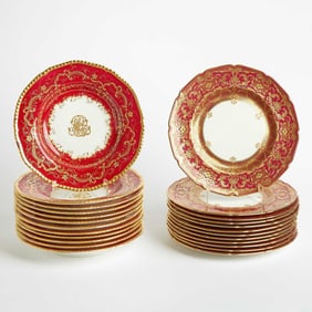 Twelve Royal Doulton Porcelain Burgundy-Ground Place Plates