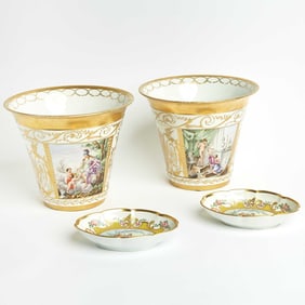 Pair of Limoges (Baignol) Gilt-Banded Cache Pots and Two French Chinoiserie Scalloped Oval Dishes