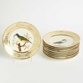 Ten Paris Porcelain Gilt-Decorated Bird Specimen Plates