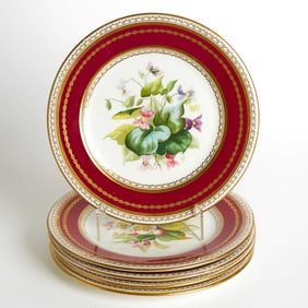 Five English Porcelain Burgundy-Ground Gilt-Decorated Floral Specimen Plates