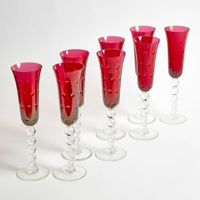 Set of Thirty St. Louis Clear and Cranberry Glass "Bubble" Pattern Champagne Flutes