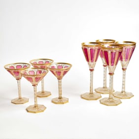 Set of Moser Style Ruby Cabochon Glass Stemware