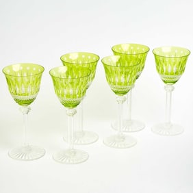 Set of Twelve St. Louis Chartreuse Green Cut to Clear Glass "Tommy" Pattern Glasses