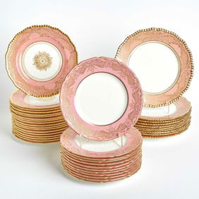 Three Sets of Doulton Burslem and Royal Doulton Porcelain Gilt-Decorated Pink-Ground Plates