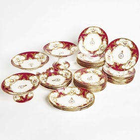 English Porcelain Monogrammed Armorial Maroon-Ground Part Dessert Service