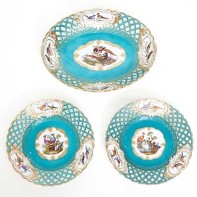 Three Meissen Porcelain (Later-Decorated) Teal-Ground Reticulated Plates