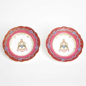 Two John Ridgway & Co. Porcelain Maroon-Ground Armorial Presentation Dinner Plates
