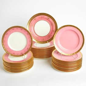 Three Sets of Mintons Porcelain Gilt-Decorated Pink-Ground Plates