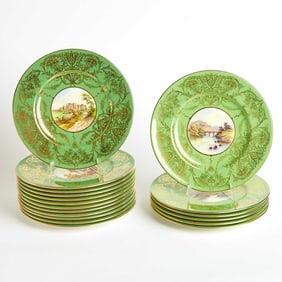 Two Sets of Coalport Porcelain Green-Ground Topographical Place Plates