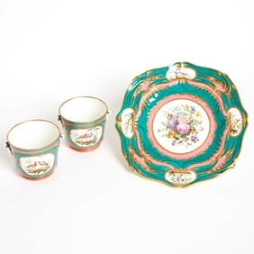 Pair of Sevres Style Porcelain Pink and Green Ground Ring-Handled Small Cache Pots