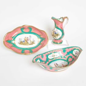 Sevres Porcelain Pink and Green Ground Ewer and Basin and Sevres Style Navette Shaped Basin
