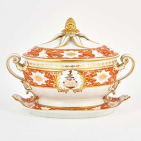 Chamberlain’s Worcester Porcelain Burnt-Orange Ground Cope Armorial Tureen, Cover and Stand