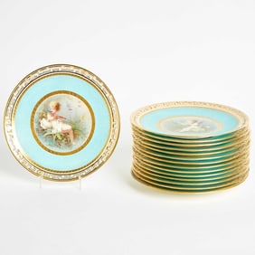 Fifteen Mintons Porcelain Pale-Blue Ground Reticulated Cabinet Plates